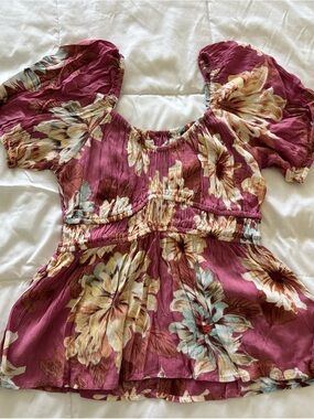 Maurices Mauve Floral Smocked Neck Puff Sleeve Top